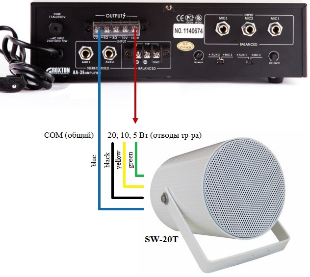Схема подключения звукового прожектора SW-20T ROXTON